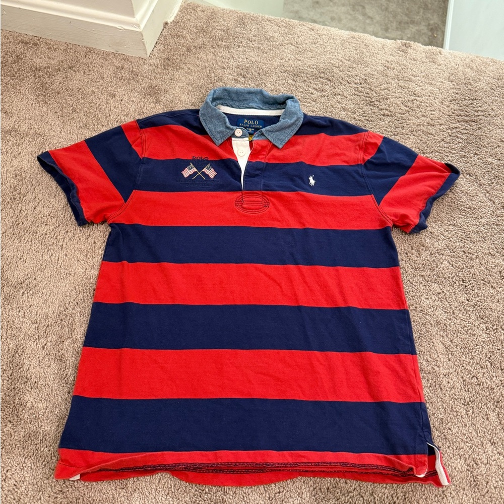 Polo Ralph Lauren Red and Navy Striped Shirt denim collar American USA flag XL